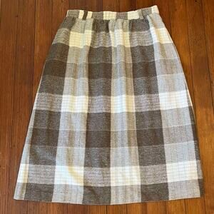 Vintage 80's Brown and Cream Plaid Wool Midi Skirt City Wear Size 28